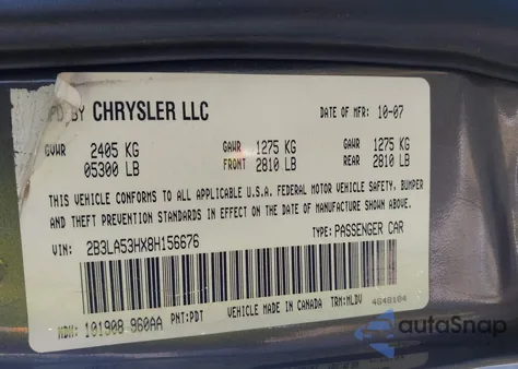 2008 Dodge Charger R/T из США, поврежденный, VIN 2B3LA53HX8H156676